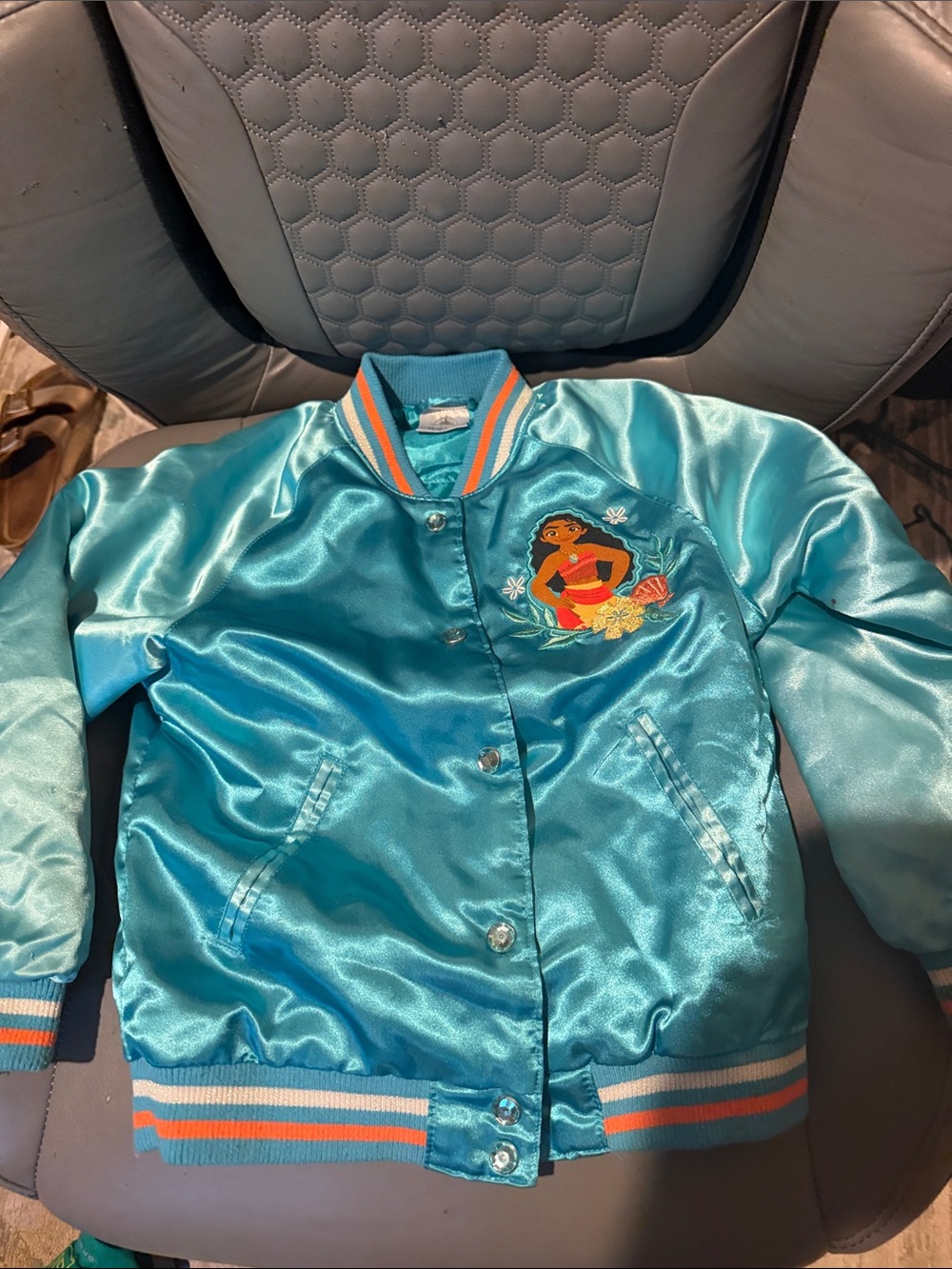 Disney Store Moana Girls Satin Varsity Bomber Jacket Teal Blue Size 5/6